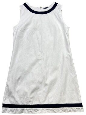 Duffield Lane Women's Linen Shift Dress Sleeveless Back Zip Sz M White Navy Trim